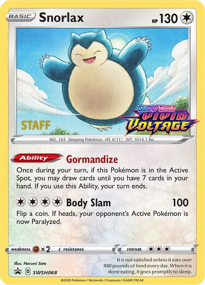 Snorlax (SWSH068) (Staff Prerelease Promo) [Sword & Shield: Black Star Promos] | Jomio and Rueliete's Cards and Comics