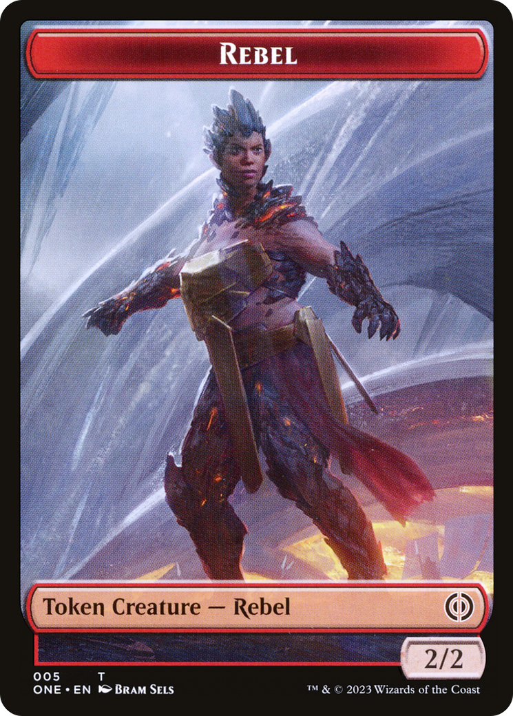 Rebel // Phyrexian Golem Double-Sided Token [Phyrexia: All Will Be One Tokens] | Jomio and Rueliete's Cards and Comics
