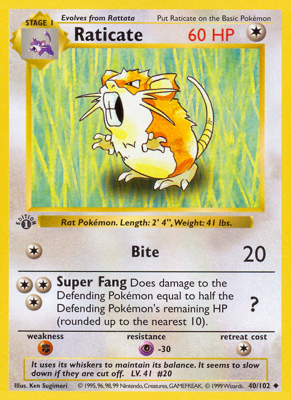 Raticate (40/102) (Shadowless) [Base Set 1st Edition] | Jomio and Rueliete's Cards and Comics