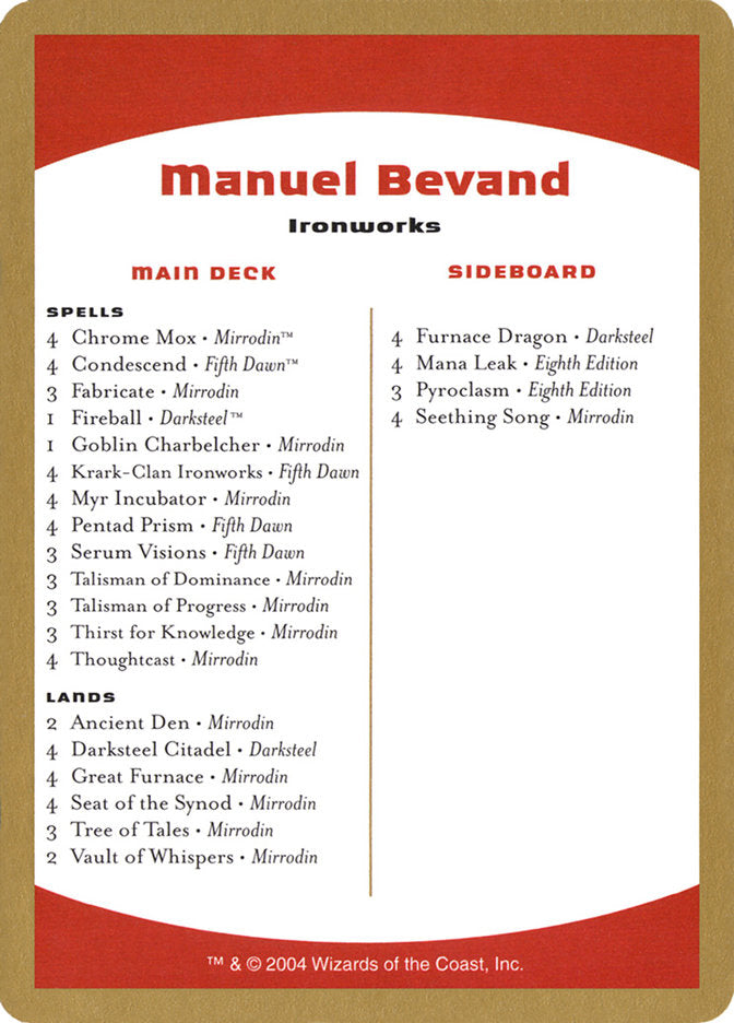 Manuel Bevand Decklist [World Championship Decks 2004] | Jomio and Rueliete's Cards and Comics