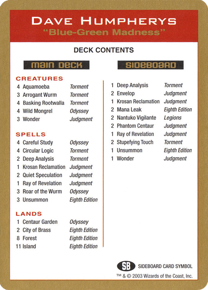 Dave Humpherys Decklist [World Championship Decks 2003] | Jomio and Rueliete's Cards and Comics