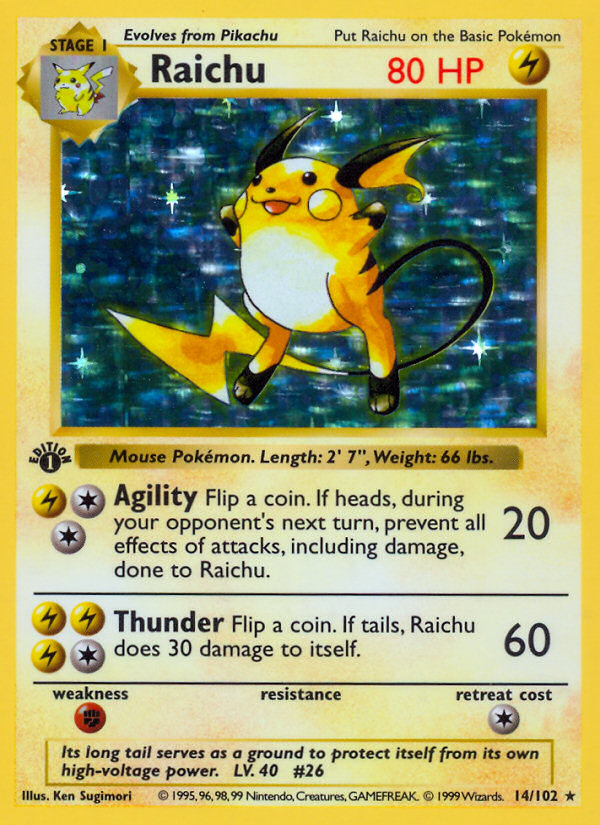 Raichu (14/102) (Shadowless) [Base Set 1st Edition] | Jomio and Rueliete's Cards and Comics