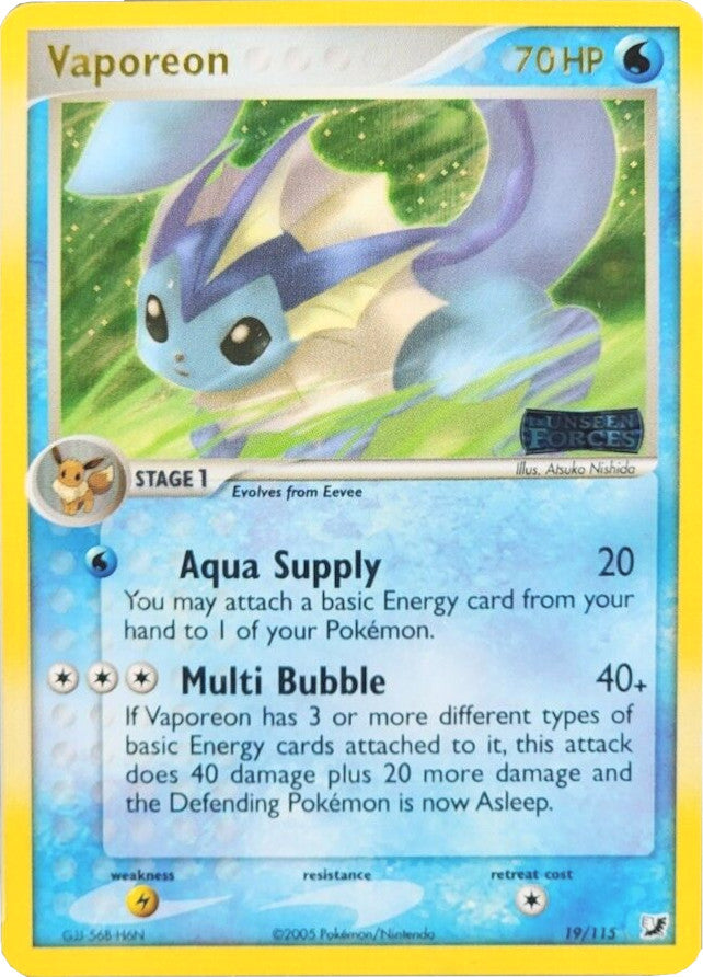 Vaporeon (19/115) (Stamped) [EX: Unseen Forces] | Jomio and Rueliete's Cards and Comics