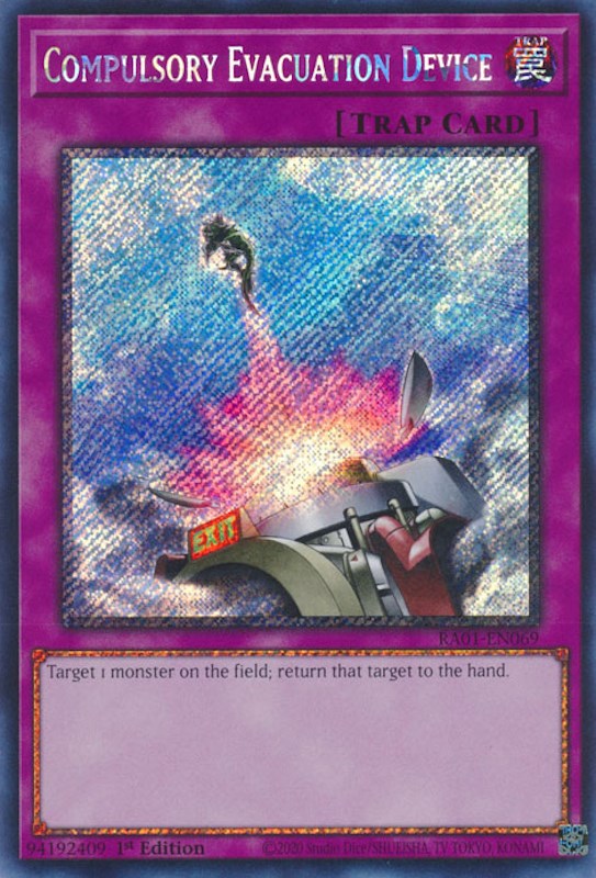 Compulsory Evacuation Device [RA01-EN069] Platinum Secret Rare | Jomio and Rueliete's Cards and Comics