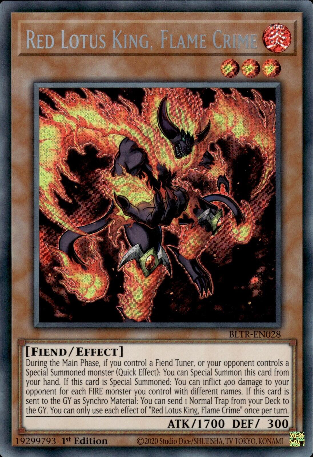 Red Lotus King, Flame Crime [BLTR-EN028] Secret Rare | Jomio and Rueliete's Cards and Comics