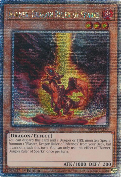 Burner, Dragon Ruler of Sparks (Quarter Century Secret Rare) [RA03-EN256] Quarter Century Secret Rare | Jomio and Rueliete's Cards and Comics