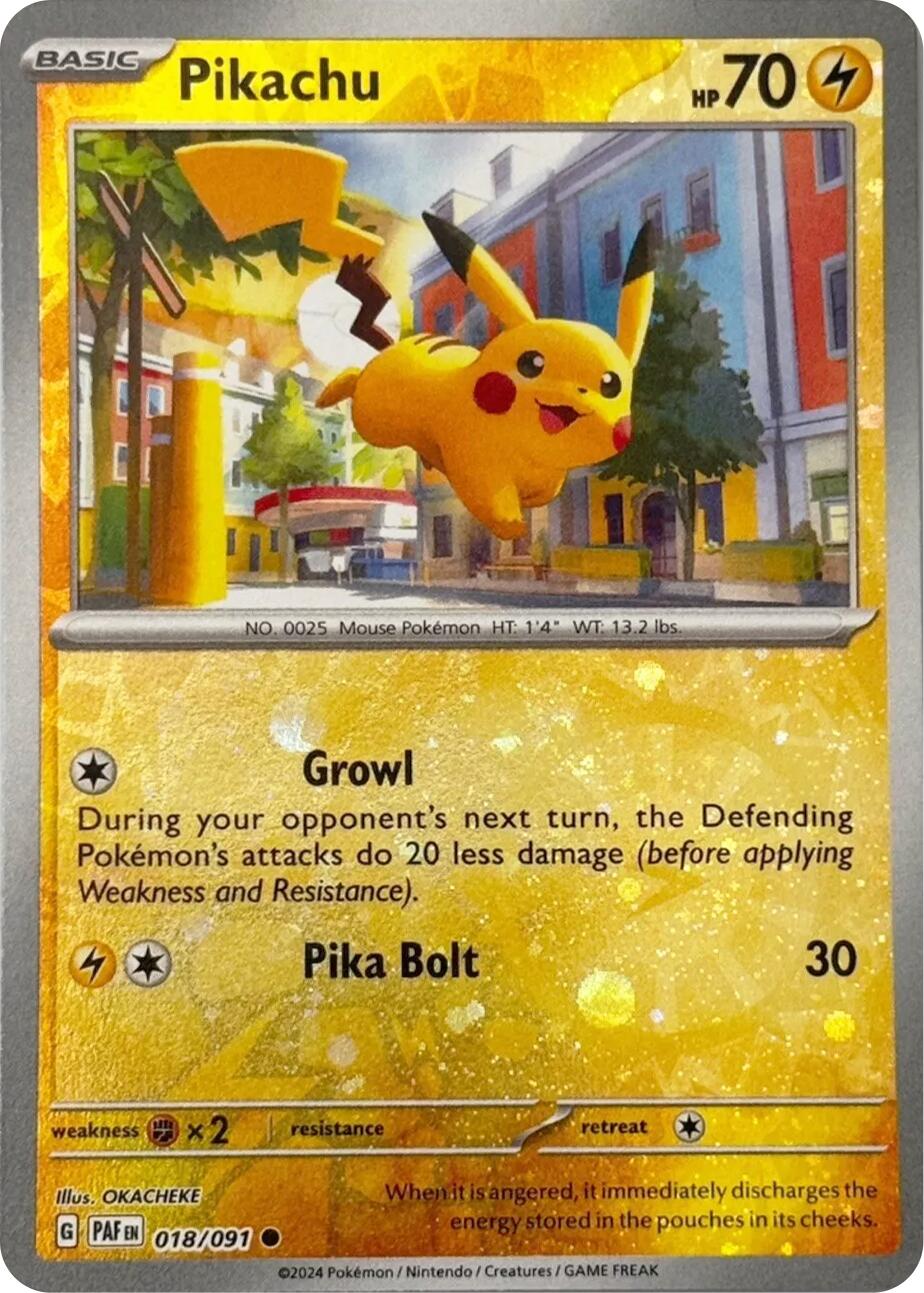Pikachu (018/091) (Reverse Cosmos Holo) [Scarlet & Violet: Paldean Fates] | Jomio and Rueliete's Cards and Comics