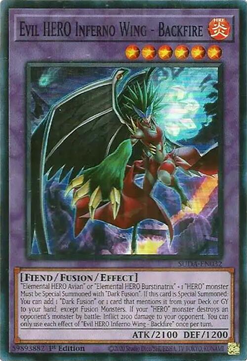 Evil HERO Inferno Wing - Backfire [SUDA-EN032] Super Rare | Jomio and Rueliete's Cards and Comics