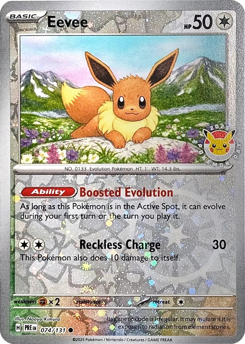 Eevee (074/131) (Pokemon Day 2025) (Reverse Cosmos Holo) [Scarlet & Violet: Prismatic Evolutions] | Jomio and Rueliete's Cards and Comics