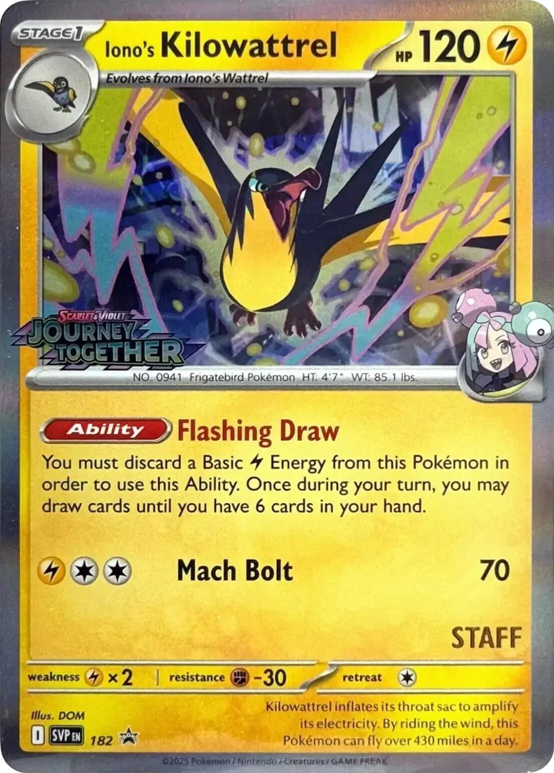 Iono's Kilowattrel (182) (Prerelease Staff) [Scarlet & Violet: Black Star Promos] | Jomio and Rueliete's Cards and Comics