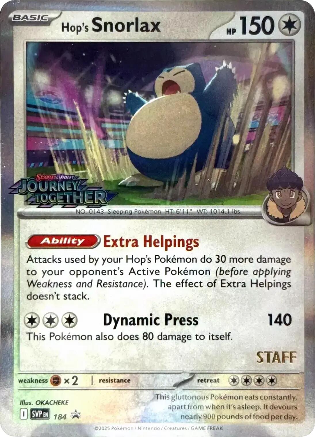 Hop's Snorlax (184) (Prerelease Staff) [Scarlet & Violet: Black Star Promos] | Jomio and Rueliete's Cards and Comics