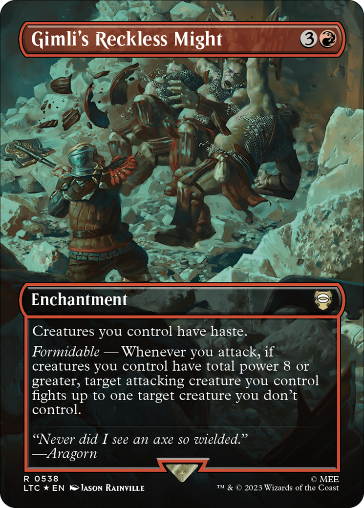 Gimli's Reckless Might (Borderless) (Surge Foil) [The Lord of the Rings: Tales of Middle-Earth Commander] | Jomio and Rueliete's Cards and Comics