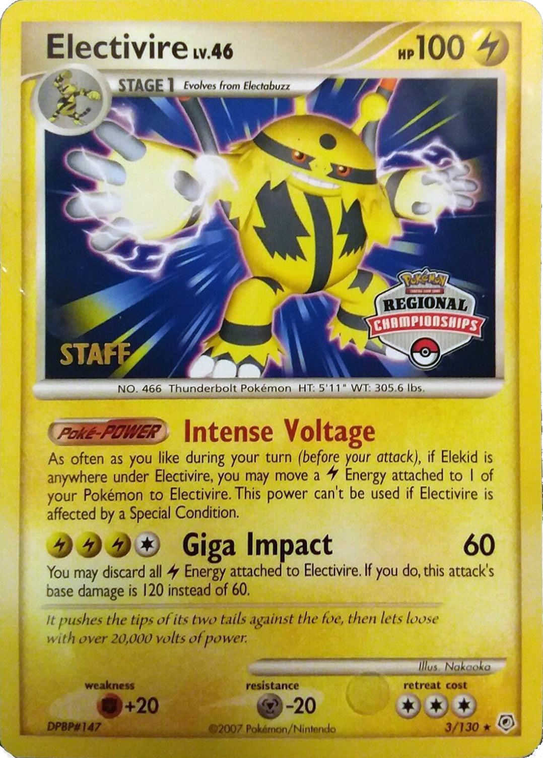 Electivire (003/130) (2008 Staff Regional Championships) [League & Championship Cards] | Jomio and Rueliete's Cards and Comics