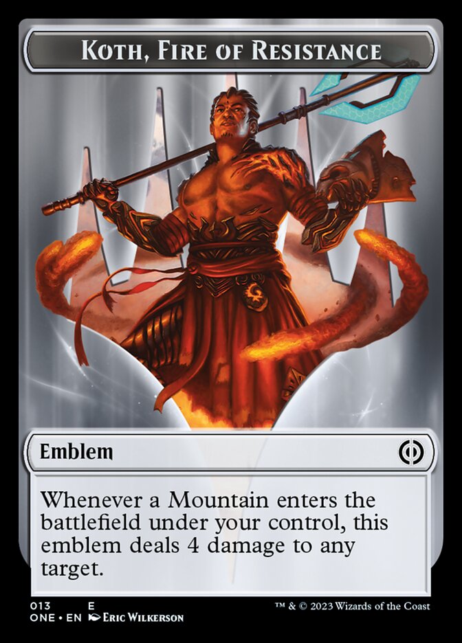 Rebel // Koth, Fire of Resistance Emblem Double-Sided Token [Phyrexia: All Will Be One Tokens] | Jomio and Rueliete's Cards and Comics