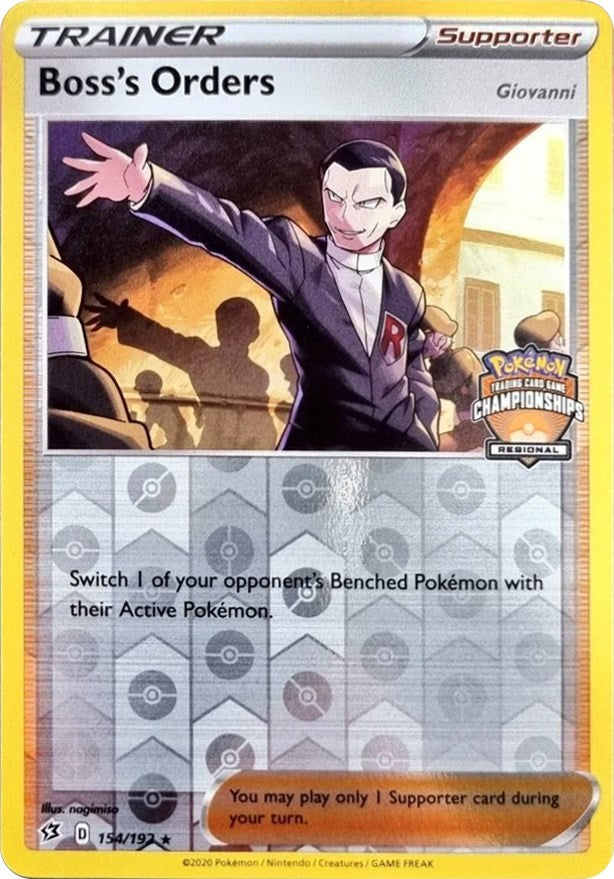 Boss's Orders (154/192) (Giovanni) (Regional Championship Promo) [Sword & Shield: Rebel Clash] | Jomio and Rueliete's Cards and Comics