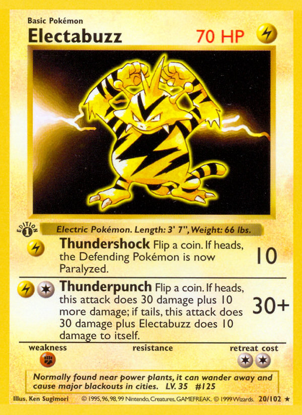 Electabuzz (20/102) (Shadowless) [Base Set 1st Edition] | Jomio and Rueliete's Cards and Comics