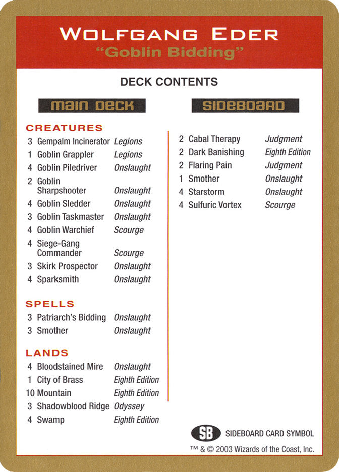 Wolfgang Eder Decklist [World Championship Decks 2003] | Jomio and Rueliete's Cards and Comics