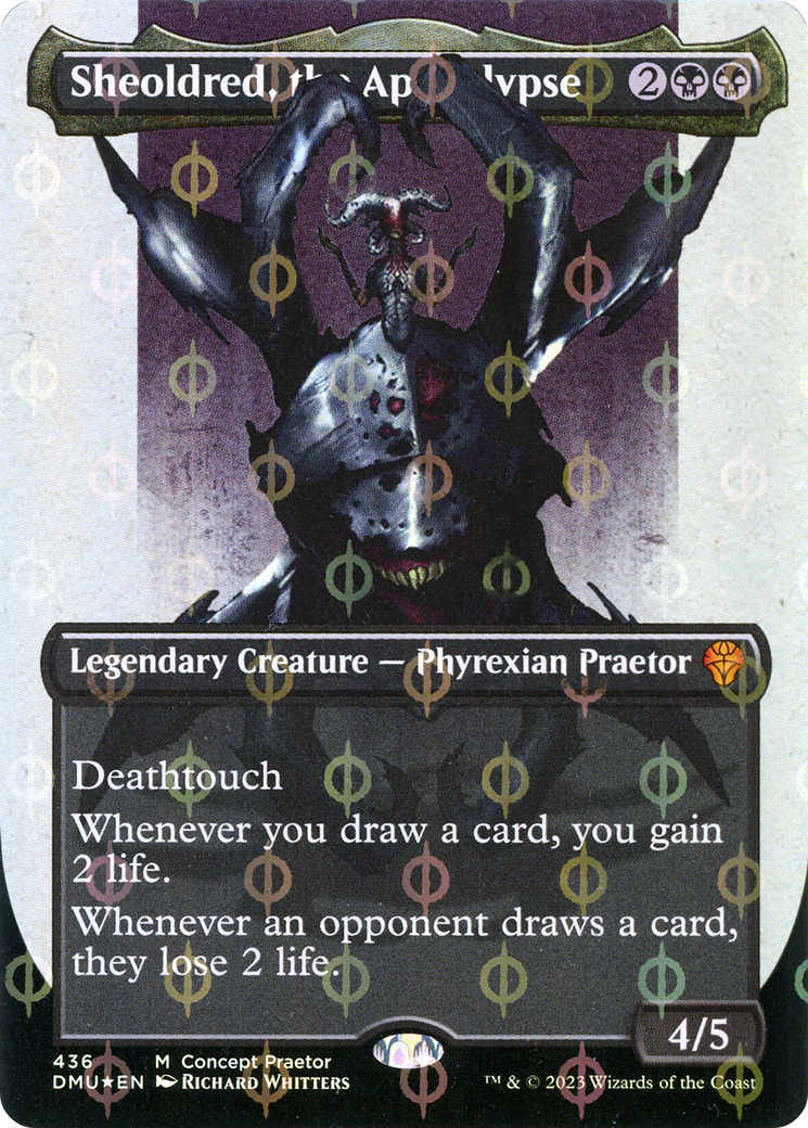 Sheoldred, the Apocalypse (Borderless Concept Praetors Step-and-Compleat Foil) [Phyrexia: All Will Be One] | Jomio and Rueliete's Cards and Comics
