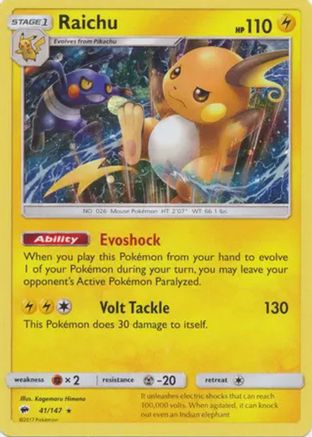 Raichu (41/147) (Cosmos Holo) [Sun & Moon: Burning Shadows] | Jomio and Rueliete's Cards and Comics