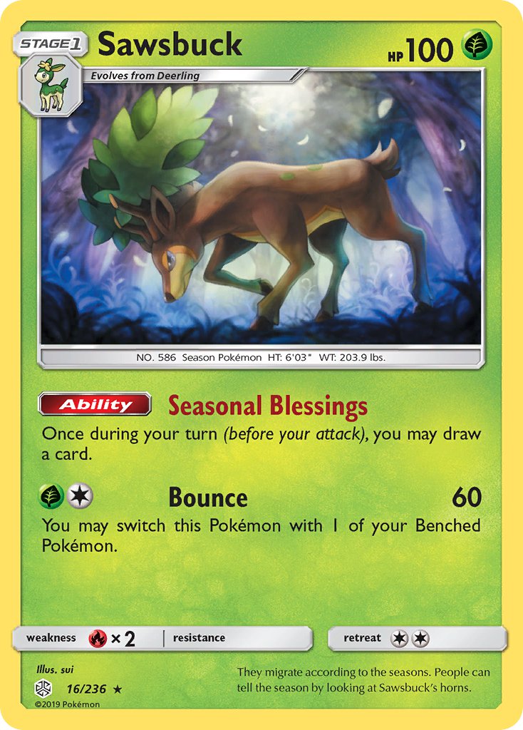 Sawsbuck (16/236) (Prerelease Kit Exclusive) (Theme Deck Exclusive) [Sun & Moon: Cosmic Eclipse] | Jomio and Rueliete's Cards and Comics