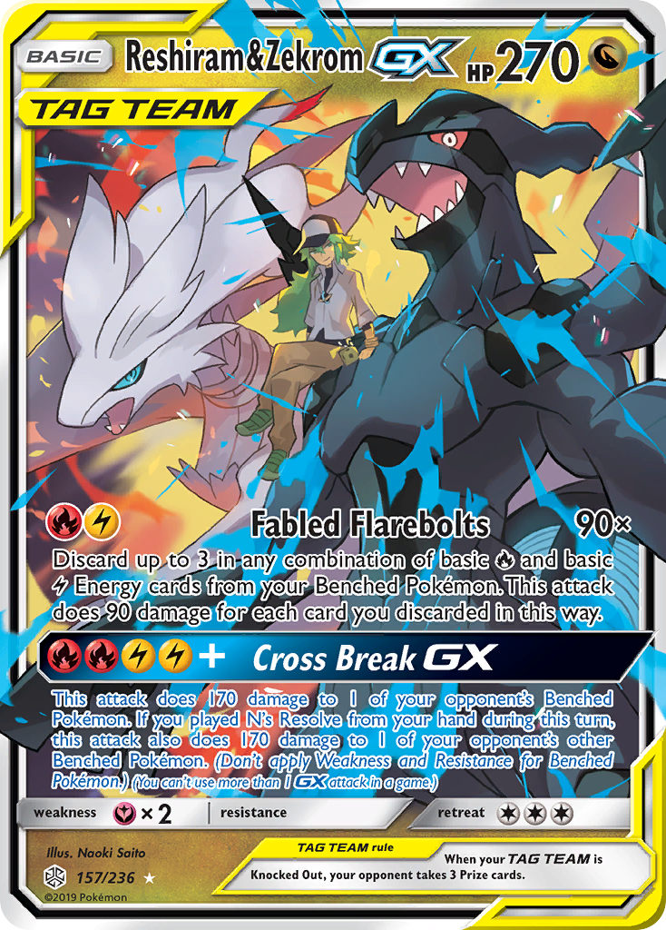 Reshiram & Zekrom GX (157/236) [Sun & Moon: Cosmic Eclipse] | Jomio and Rueliete's Cards and Comics