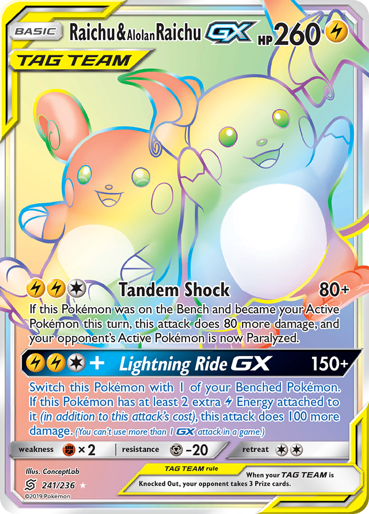 Raichu & Alolan Raichu GX (241/236) [Sun & Moon: Unified Minds] | Jomio and Rueliete's Cards and Comics