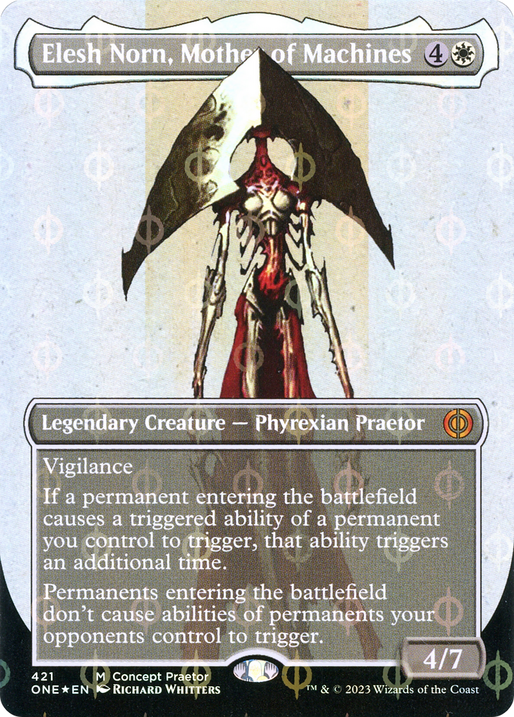 Elesh Norn, Mother of Machines (Borderless Concept Praetors Step-and-Compleat Foil) [Phyrexia: All Will Be One] | Jomio and Rueliete's Cards and Comics