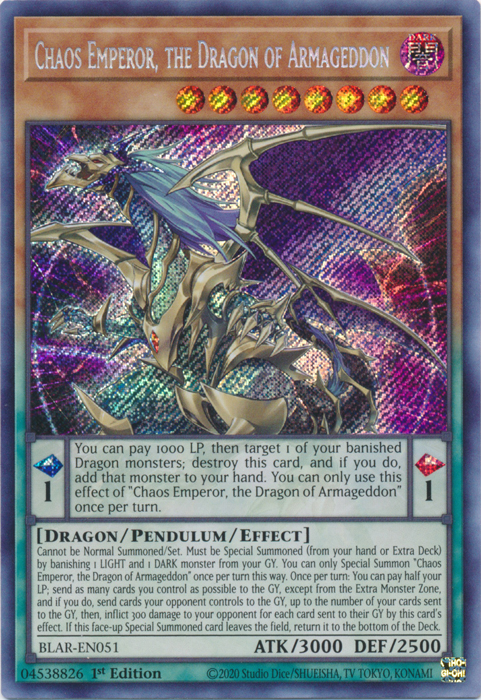 Chaos Emperor, the Dragon of Armageddon [BLAR-EN051] Secret Rare | Jomio and Rueliete's Cards and Comics