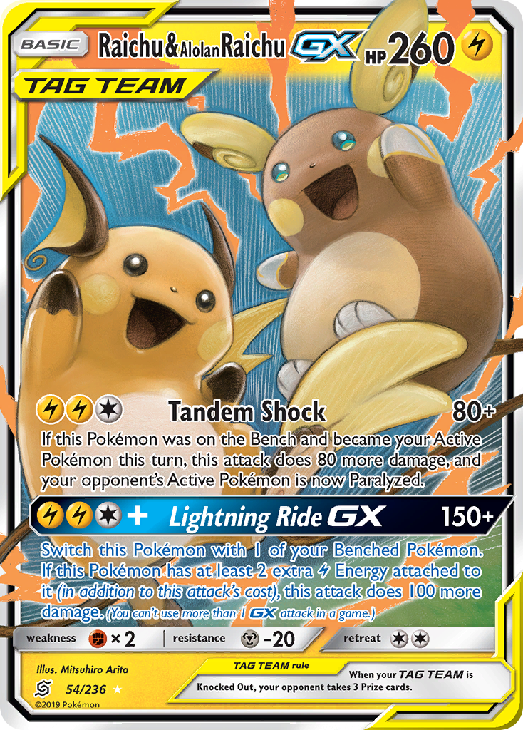 Raichu & Alolan Raichu GX (54/236) [Sun & Moon: Unified Minds] | Jomio and Rueliete's Cards and Comics