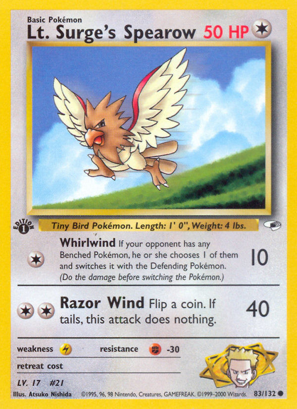 Lt. Surge's Spearow (83/132) [Gym Heroes 1st Edition] | Jomio and Rueliete's Cards and Comics