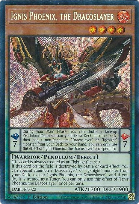 Ignis Phoenix, the Dracoslayer [DABL-EN022] Secret Rare | Jomio and Rueliete's Cards and Comics