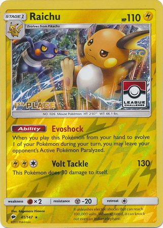 Raichu (41/147) (League Promo 1st Place) [Sun & Moon: Burning Shadows] | Jomio and Rueliete's Cards and Comics