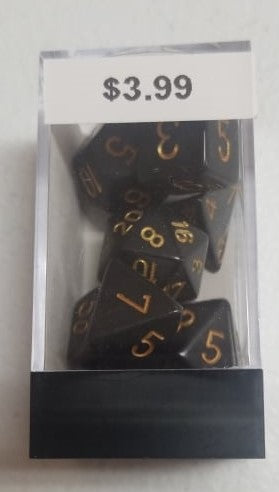 Black/Gold Chessex Opaque Polyhedral 7-Die Set | Jomio and Rueliete's Cards and Comics