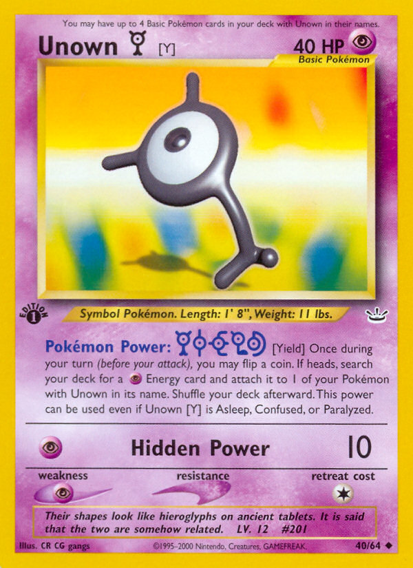 Unown [Y] (40/64) [Neo Revelation 1st Edition] | Jomio and Rueliete's Cards and Comics