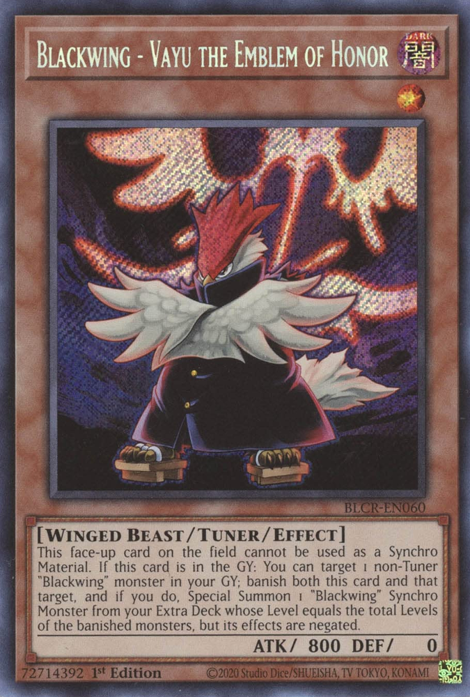 Blackwing - Vayu the Emblem of Honor [BLCR-EN060] Secret Rare | Jomio and Rueliete's Cards and Comics