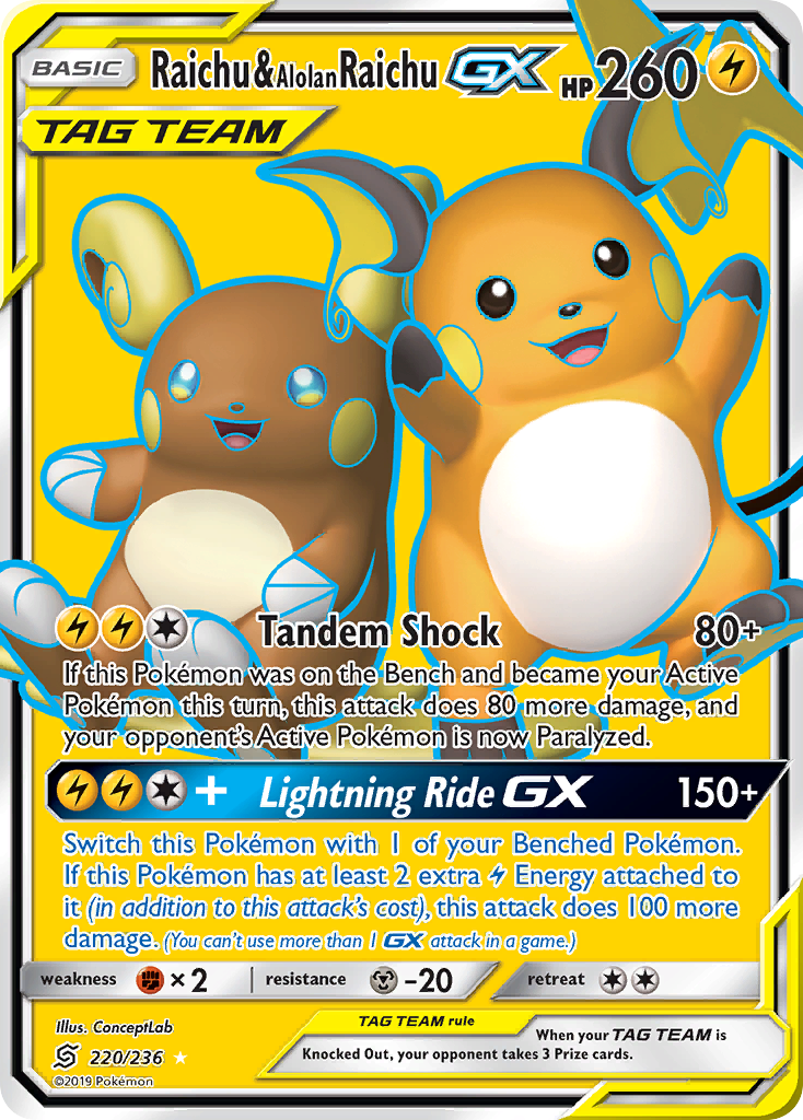 Raichu & Alolan Raichu GX (220/236) [Sun & Moon: Unified Minds] | Jomio and Rueliete's Cards and Comics