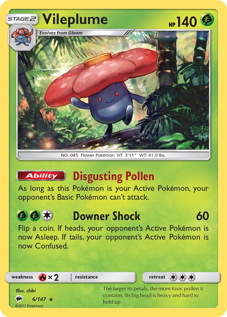 Vileplume (6/147) (Prerelease Kit Exclusive) (Theme Deck Exclusive) [Sun & Moon: Burning Shadows] | Jomio and Rueliete's Cards and Comics