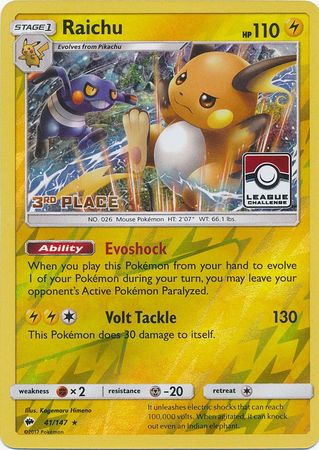 Raichu (41/147) (League Promo 3rd Place) [Sun & Moon: Burning Shadows] | Jomio and Rueliete's Cards and Comics