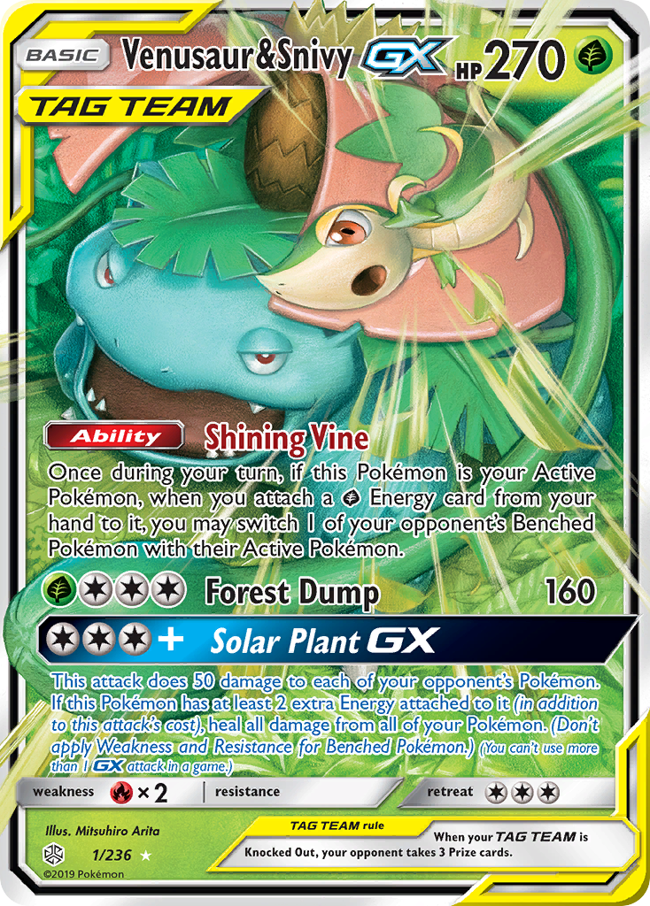 Venusaur & Snivy GX (1/236) [Sun & Moon: Cosmic Eclipse] | Jomio and Rueliete's Cards and Comics