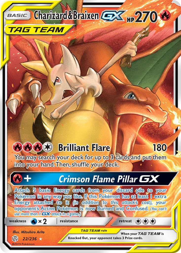 Charizard & Braixen GX (22/236) [Sun & Moon: Cosmic Eclipse] | Jomio and Rueliete's Cards and Comics