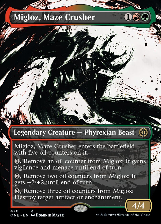 Migloz, Maze Crusher (Borderless Ichor Step-and-Compleat Foil) [Phyrexia: All Will Be One] | Jomio and Rueliete's Cards and Comics