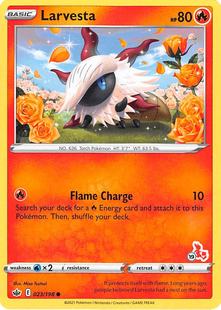 Larvesta (23/198) (Cinderace Stamp #19) [Battle Academy 2022] | Jomio and Rueliete's Cards and Comics